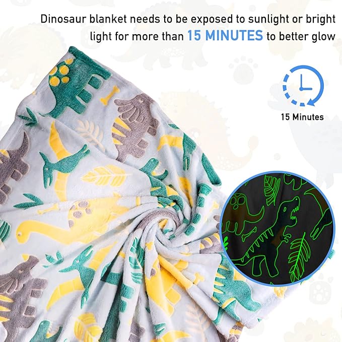 Glow in The Dark Dinosaur Blanket for Boys - Soft Fleece Throw for Kids, Toddlers - Dinosaur Gifts, Birthday Present - 50"x60"