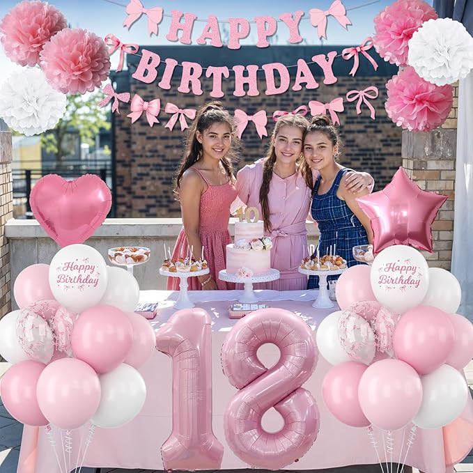 18th Birthday Decorations for Girls Pink Number 18 Balloon Bow Coquette Happy Birthday Banner Fringe Curtain Paper Pom Poms Star Heart Foil Pink White Balloons 18 Year Old Party Decor for Her