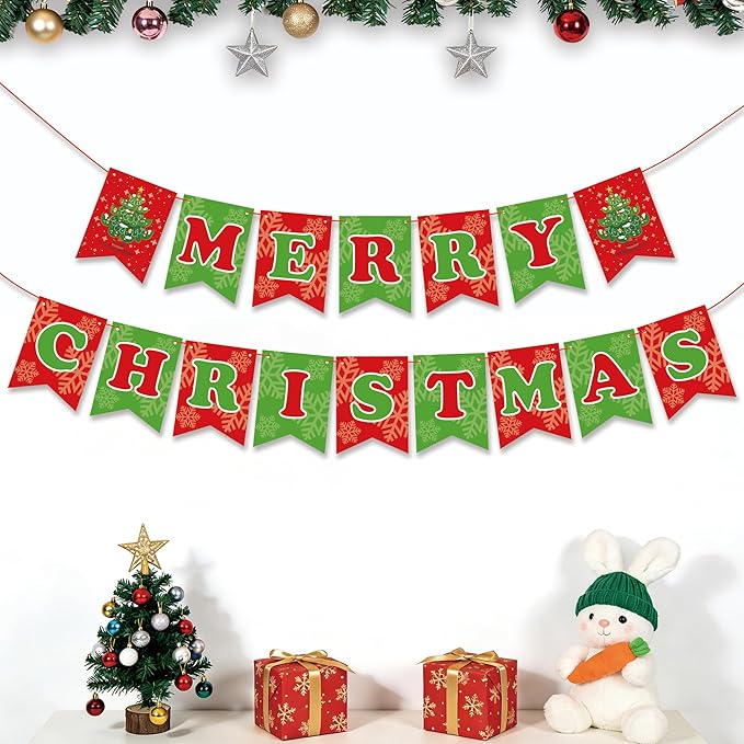 OHOME Christmas Party Decorations - Merry Christmas Banner | CHRISTMAS Decorations for Indoor Outdoor - Xmas Backdrop Garland for Outside | Hanging Party Favors Supplies for Birthday