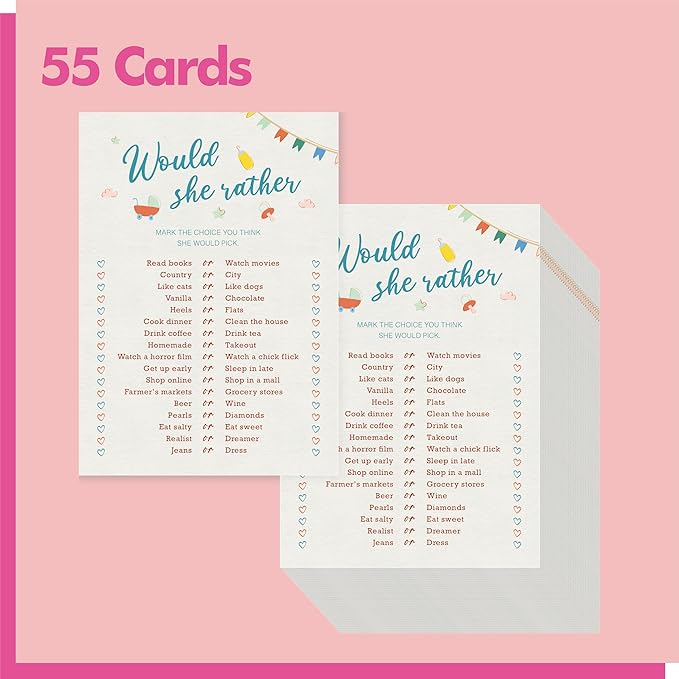 55PCS Baby Shower Game Cards, Would She Rather Bridal Wedding Shower Card Games Fun Baby Shower Party Games
