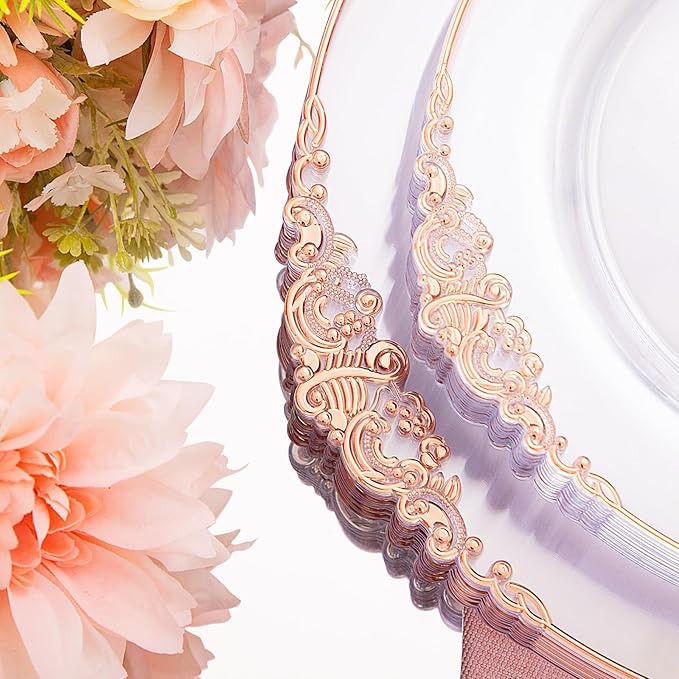 Hioasis 175pcs Clear Rose Gold Plastic Plates - Elegant Disposable Dinnerware Set Suitable for 25 Guests Include 10.25" Dinner & 7.5" Dessert Plates, Cutlery, Napkins, Cups for Party