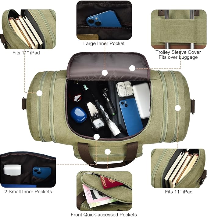 Litvyak Duffle Bag for Travel, Large 60L Canvas Travel Duffel Bags Overnight Weekend Gym Carry On Luggage Bag for Men & Women(Army Green)