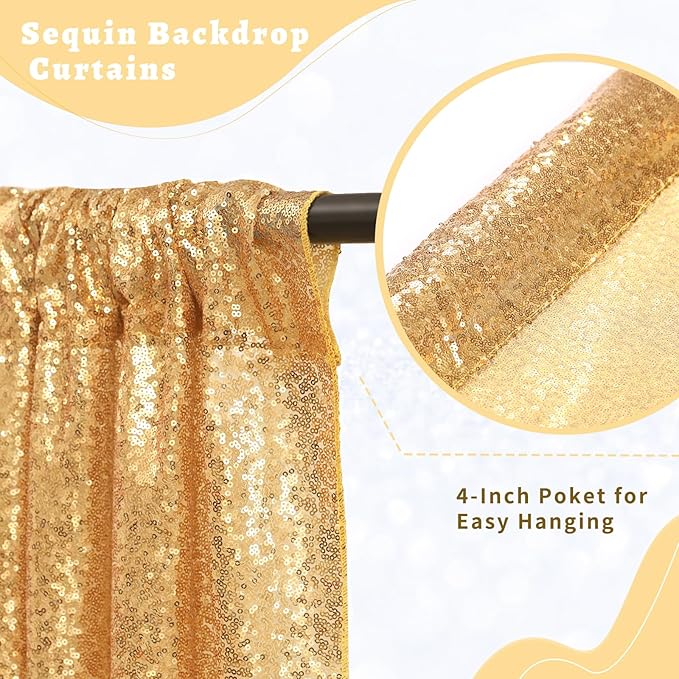 B-COOL Gold Sequin Backdrop Curtains 2 Packs 3.3ftx8ft Gold Sparkle Backdrop Fabric Glitter Background Drapes for Party Ceremony Wedding Birthday Decoration