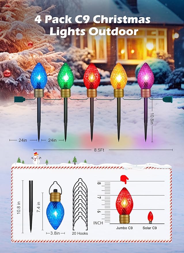 Strawberry Jumbo C9 Christmas Lights Outdoor - 4 Pack Total 34FT 20 LED Jumbo C9 Christmas Pathway Lights Outdoor, C9 Walkway Lights, Christmas Decoration for Outside Lawn Holiday, Multicolor