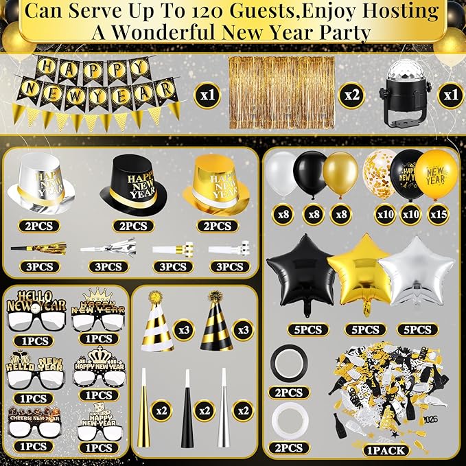 Junkin 124 Pcs New Years Eve Party Supplies 2026 Kit for 18 Guests Include Hats Glasses Blowouts Trumpet Balloons Banners Fringe Curtain Ambient Lights New Years Decorations Party Favors
