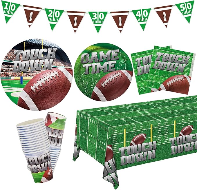 Football Party Supplies Kit Serve 25, Includes Disposable Dinner Plates, Dessert Plates, Napkins, Cups,and Football Tablecloth, Football Birthday Party Tailgate Party Decorations