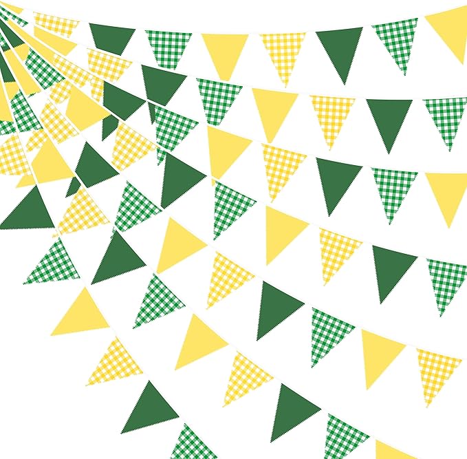 32Ft Yellow Green Party Decorations Green Yellow Gingham Banner Buffalo Plaid Checkered Triangle Flag Pennant Fabric Garland Streamers for Master Golf Birthday Baby Shower Picnic Golf Decor Supplies