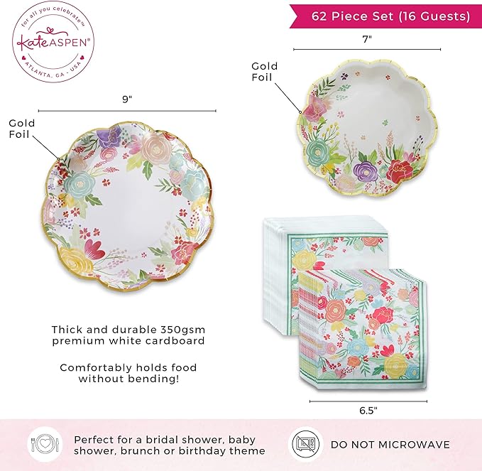 Kate Aspen Garden Blooms 62pc Paper Plates Napkins, 16pcs 7 inch & 16pcs 9 inch Heavy Duty Disposable Party Plates, 30pcs 6.5 inch Durable Paper Napkins for Bridal Shower, Baby Shower, Wedding Party