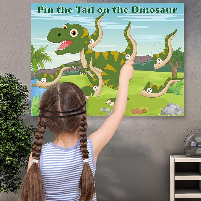 FEPITO Pin The Tail on The Dinosaur Game with 24 Pcs Tails for Dinosaur Birthday Party Supplies, Boys Dinosaur Party Game