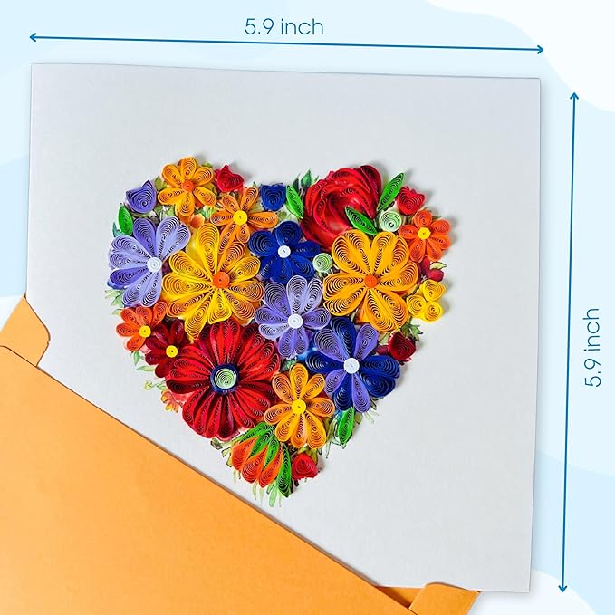 Quilling Cards, handmade card, quilled cards with Handmade Art for all occasions: quilling birthday card for women, Birthday card, mother... colorful heart design (Colorful flowers)