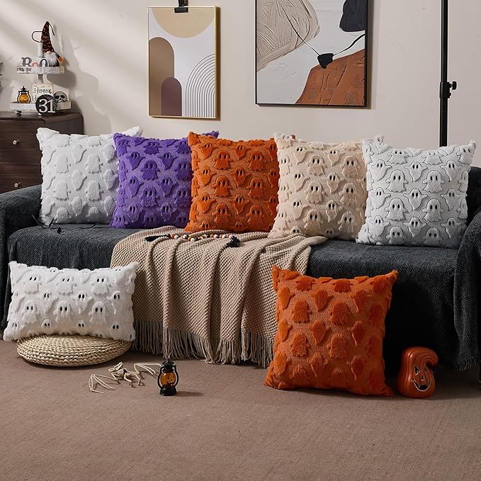 DFXSZ Halloween Pillow Covers 18x18 inch Set of 2 Purple Ghost Throw Pillow Cases Soft Plush Faux Fur Wool Couch Cushion Case for Chair Sofa Bedroom Living Room Home Decor PTK03E18