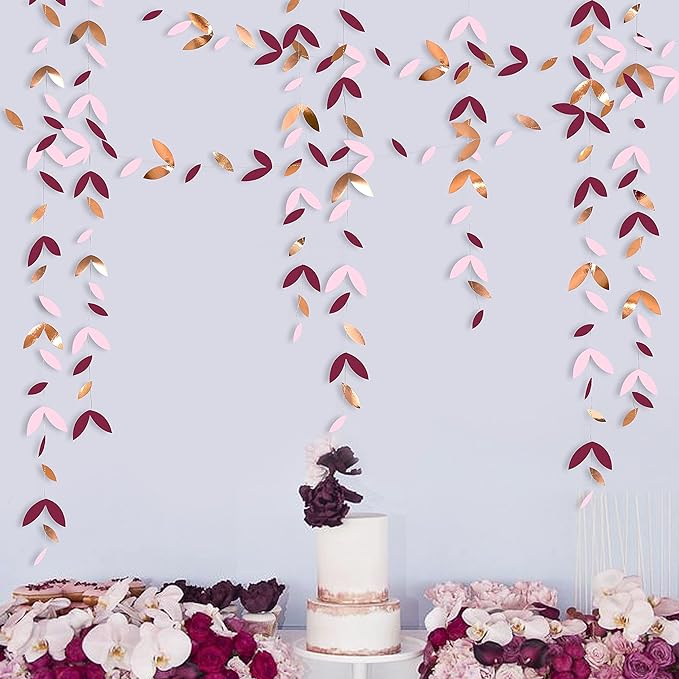 52 Ft Burgundy Rose Gold Party Decorations Leaf Garland Kit Paper Hanging Leaves Streamer Banner for Birthday Bachelorette Engagement Anniversary Wedding Bridal Shower Fall Autumn Party Decor Supplies