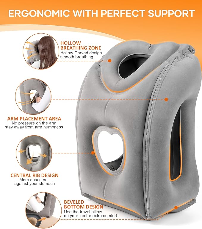 Sunany Travel Pillow, Upgraded Plane Pillow for Long Flights, Inflatable Neck Pillow Used for Airplanes,Cars,Buses,Trains,Office Napping with Eye Mask,Earplugs (Gray)