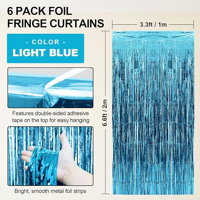 Homiest 6 Pack Light Blue Tinsel Backdrop, 3.3x6.6 FT Metallic Tinsel Foil Fringe Curtains Party Decorations, Birthday Door Streamers for Baby Shower Wedding, Photo Booth Props Background Wall Decor