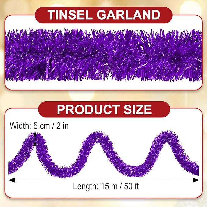 50 Feet Purple Christmas Tinsel Garland, Metallic Foil Twist Garland Wall Hanging Tinsel Banner Backdrop for Parade Floats, Easter, Mother's Day, Wedding Party Decorations (2in x 50ft)