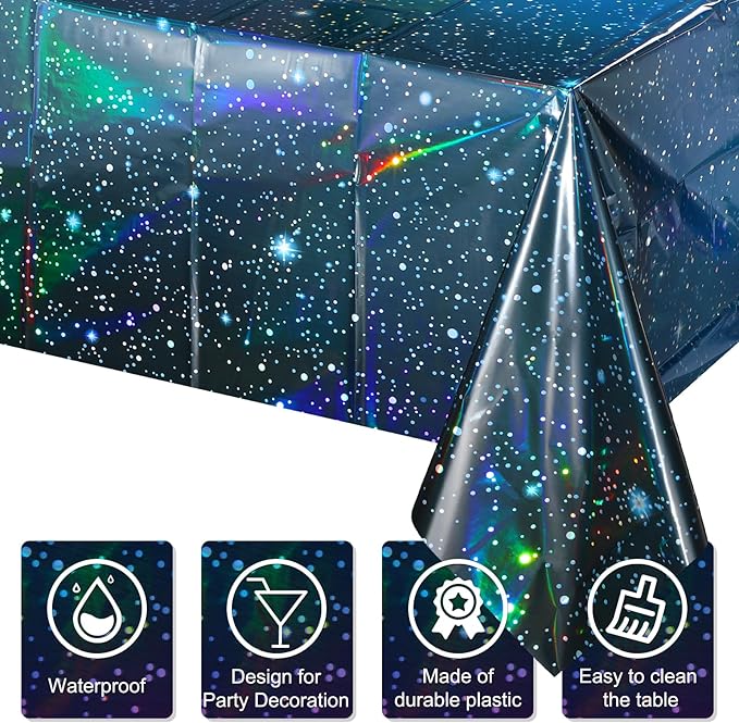 1Pcs Iridescent Space Tablecloths, Disposable Plastic Blue Galaxy Table Cloth Rectangle Table Covers for Space Starry Night Star Theme Party Birthday Party Decorations, 54x108 Inch