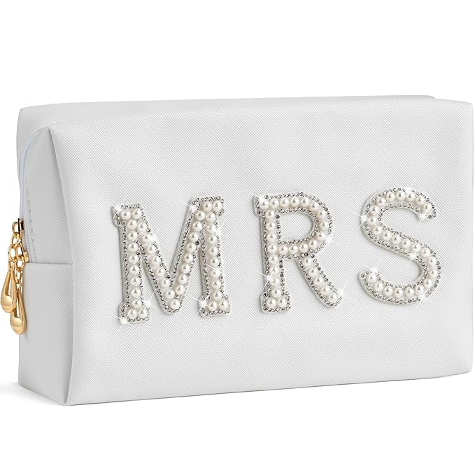 Y1tvei Bride Makeup Bag, Bridal Cosmetic Bag, Fiance Gifts for Women, Engagement Gift Basket for Her Bridal Shower, Mrs Bling Rhinestone Patches Wedding Purse, PU Leather Travel Toiletry Bag