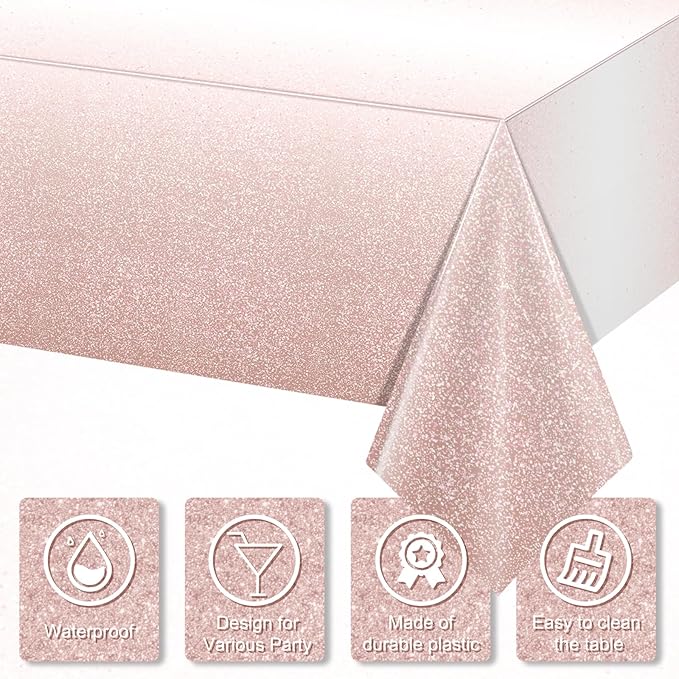 1 Pack Ombre Rose Gold Plastic Tablecloth for Parties, Gradient Pastel Rose Gold Disposable Tablecloths for Rectangle Tables, Light Pink Sprinkle Table Cover for Wedding Birthday Party, 54 x 108 Inch
