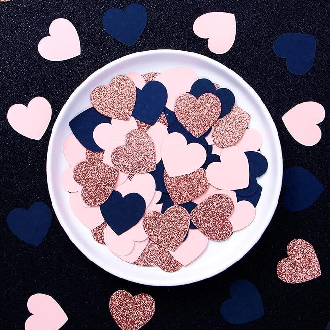Navy-Blue Pink Rose-gold Heart Confetti - 300pcs Decor Glitter Paper Dots Gender Reveal Graduations Wedding Bachelorette Engagement Birthday Party Table Decorations Lasting Surprise
