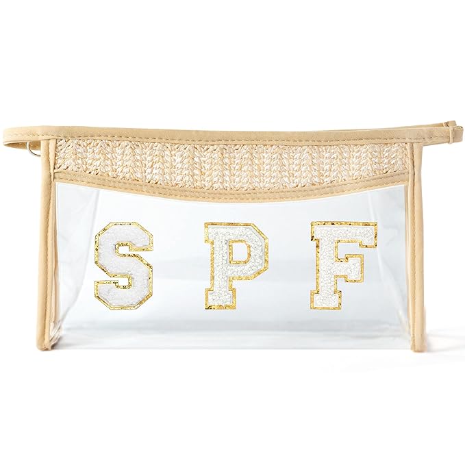 Boho Patch Cosmetic Bag - Summer Gifts SPF Chenille Varsity Letter Toiletry Kit Beige Clear Waterproof Travel Makeup Bag PVC Zipper Clutch Daily Use Purse for Women Girls