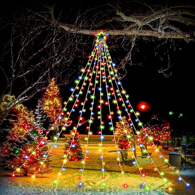 Christmas Decoration Star Lights Outdoor, 320 LED 16.4Ft Christmas Tree Toppers String Lights[8 Modes& Waterproof] for Halloween Xmas New Year Holiday Birthday (Iron-Multicolor)