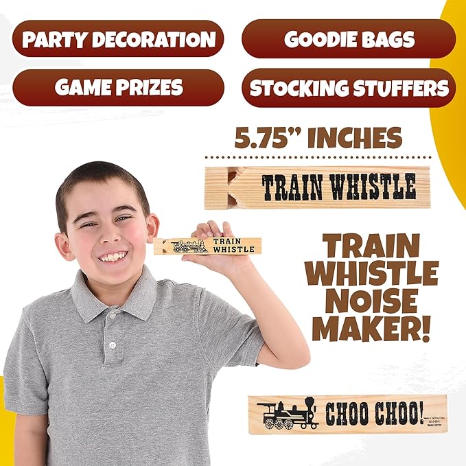Wooden Train Whistles (Pack of 12) - Wood Train Whistle for Kids, Train Party Favors, Theme Birthday Decorations, Noisemakers, Goodie Bag Filler, Small Game Prizes, Stocking Stuffers