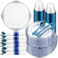Hioasis 350pcs Clear Blue Plastic Plates - Elegant Disposable Dinnerware Set Suitable for 50 Guests Include 10.25" Dinner & 7.5" Dessert Plates, Pre Rolled Silverware Set, Cups for Party & Wedding