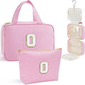 YOOLIFE Travel Toiletry Bag for Women - Hanging Toiletry Bag Makeup Bag, Portable Toiletries Cosmetic Bag, Airplane Travel Essentials - Letter O, Pink