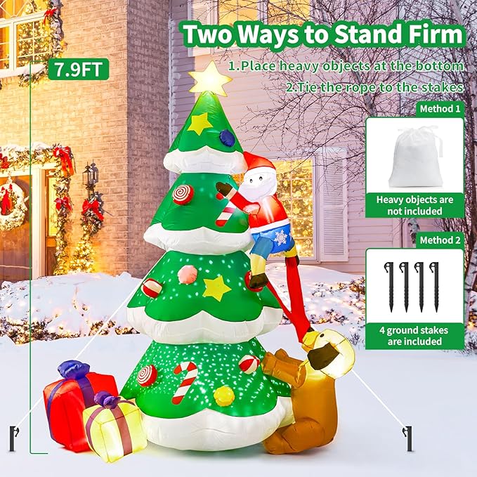 BOHON 7.9 FT Inflatable Christmas Tree Decorations Outdoor, Built-in Rotated Snowflake Light and LEDs, Blow Up Yard Christmas Tree with Santa Claus Dog Gift Boxes Inflatables for Indoor Xmas Decor