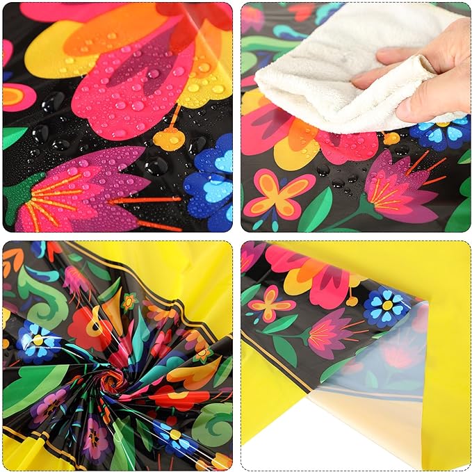 Oudain 6 Pcs Fiesta Tablecloth 108 x 54 Inch Plastic Tablecover Mexican Waterproof Tablecloth Disposable Table Cover for Taco Night Festive Mexican Fiesta Wedding Party Decoration (Multicolor)