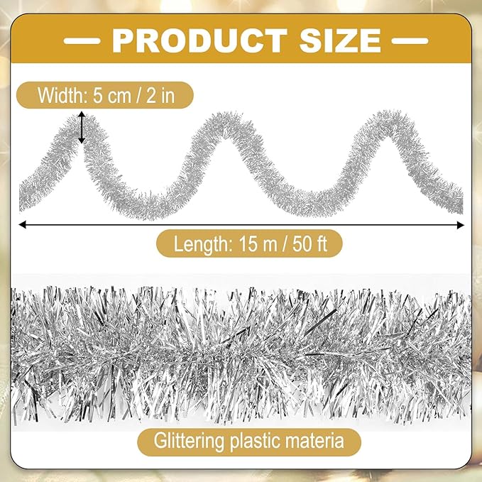 50 Feet Metallic Twist Tinsel Garland Wall Hanging Backdrop for Parade Floats, Christmas Eve, New Year, Valentine's Day Party Decorations (Silver, 2in x 50ft)