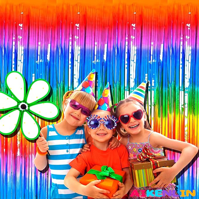 4 Pack 3.3Ft x 6.6Ft Rainbow Foil Fringe Curtain Backdrop, Colorful Metallic Tinsel Foil Fringe Streamers Curtains Background for Photo Booth, Birthday, Wedding, Halloween, Christmas Party Decoration