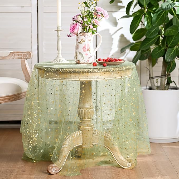 Horaldaily Sage Green Gold Sparkling Star Gauze Tablecloth 60x84 Inch Rectangular, Golden Star Sequin Glitter Metallic Foil, Sheer Tulle Cheesecloth for Wedding Baby Shower Party