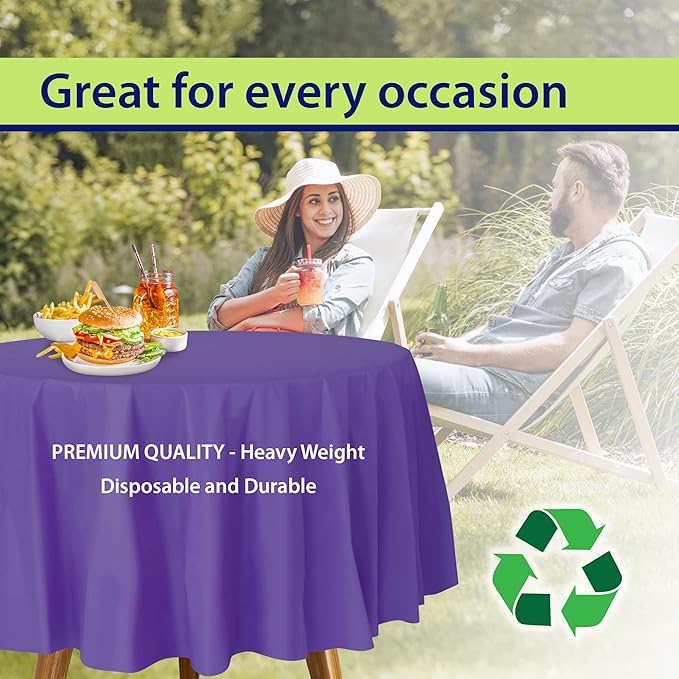 Party Dimensions Purple Disposable Plastic Tablecloth for Round Tables (12 Pack) 84 inches Table Cloths for Parties, Events & Weddings, Indoors & Outdoors, Plastic Table Cover