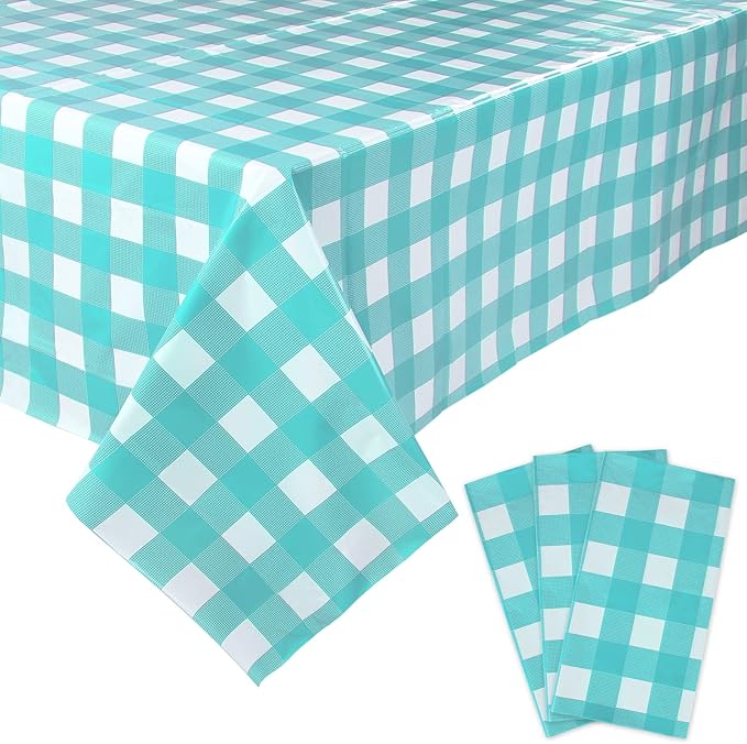 Kesfey 3 Packs Aqua and White Gingham Table Cloths 54 x 108 Inches Disposable Plastic Checkered Tablecovers Waterproof Rectangle Picnic Party Table Covers for Birthday Party Supplies Christmas