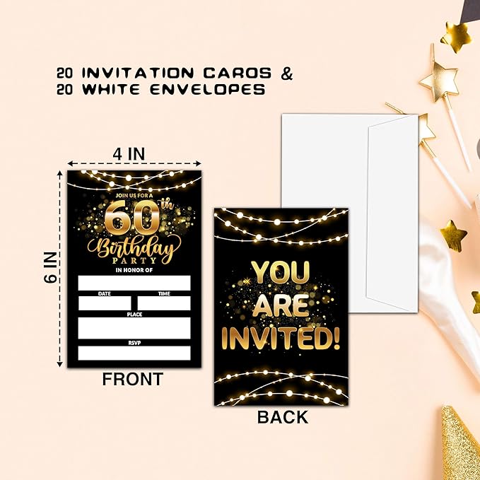 60th Birthday Invitations, Birthday Party Invitations For Women Men, 60 Year Old Birthday Invites, Black Gold Birthday Party Decorations Favors, 20 Invitations with 20 Envelopes - C04