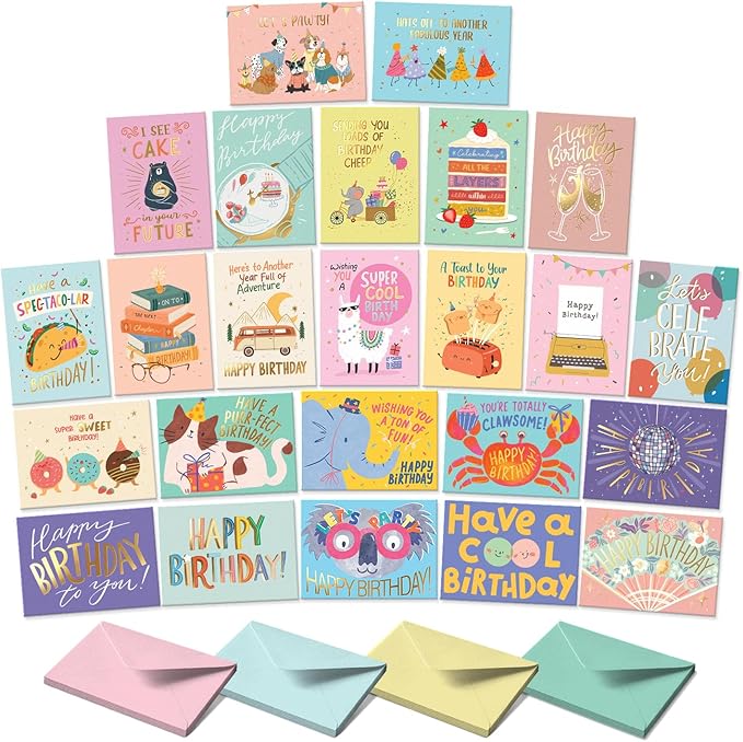 S&O Box of Birthday Cards with Envelopes - Bulk 24 Unique Happy Day Notes - Colorful Birthday Decor Bulk for Office & Home - Assorted Party Cards with Envelopes - 4x5.5”