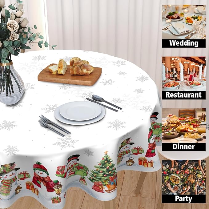 Winter Snowman Round Tablecloth White Tablecloth 60 Inch Christmas Snowflake Pattern Circle Table Cloth Xmas Holiday Table Cover Indoor Decor for Home Kitchen Dinning Party