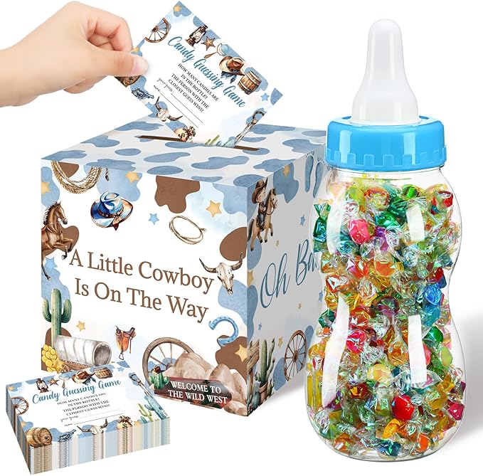 Glenmal 52 Pcs Baby Shower Games Gift Sets Large Baby Bottle for Shower Game Guess How Many Candies Decorations for Gender Reveal (Cowboy)