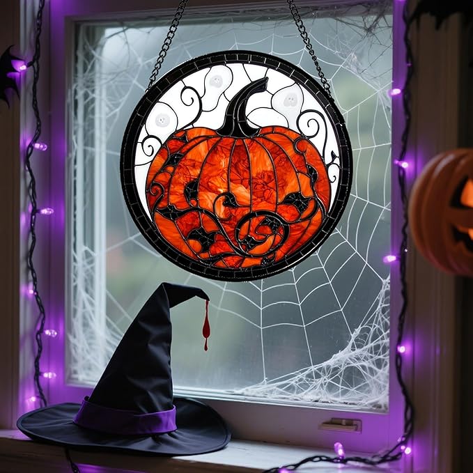 Stained Glass Window Hanging - Halloween Red White Scary Pumpkin Suncatcher for Doors Garden Home Spooky Rattan Sun Catchers Gothic Decor Horror Gifts for Women Men Friend Boy Girl 9.8 in