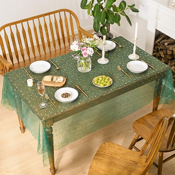 Horaldaily Green Gold Sparkling Star Gauze Tablecloth 60x84 Inch Rectangular, Golden Star Sequin Glitter Metallic Foil, Sheer Tulle Cheesecloth for Wedding Baby Shower Party