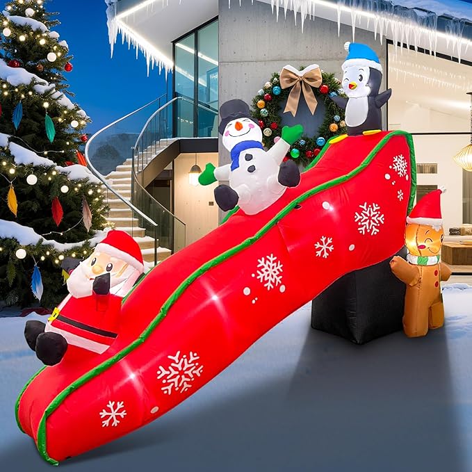 EAONE 7FT Christmas Inflatables Outdoor Decorations, Cute & Funny Inflatatable Christmas Santa Snowman Slide Blow Ups Yard Decoration with Lights for Garden Lawn Home Xmas Holiday Season Decor
