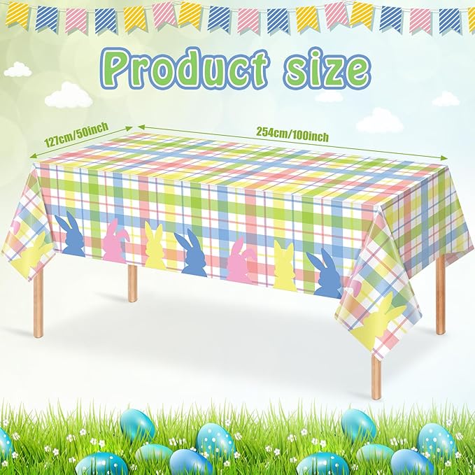 3Pcs Spring Easter Buffalo Plaid Checkered Tablecloth Decorations,Plastic Bunny Watercolor Pink Blue Yellow Green Pastel Disposable Table Cover for Spring Birthday Easter Party Supplies,54 x 108 Inch