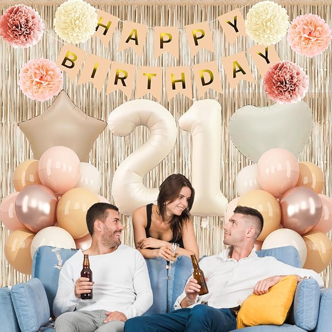 Beige 21st Birthday Decorations for Her Cream Number 21 Balloon Nude Gold Happy Birthday Banner Fringe Curtain Paper Pom Poms Blush White Sand Champagne Star Foil Balloons Neutral Boho Party Decor
