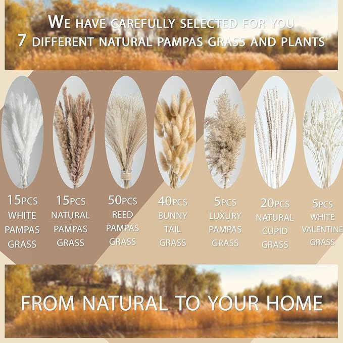 150pcs Pampas Grass + 1 White Ceramic vase + 1 Wood Bead Garland , Boho Home Decor Bouquet Phragmites Dried Flowers Bouquet for Wedding Floral Arrangements Home Decorations