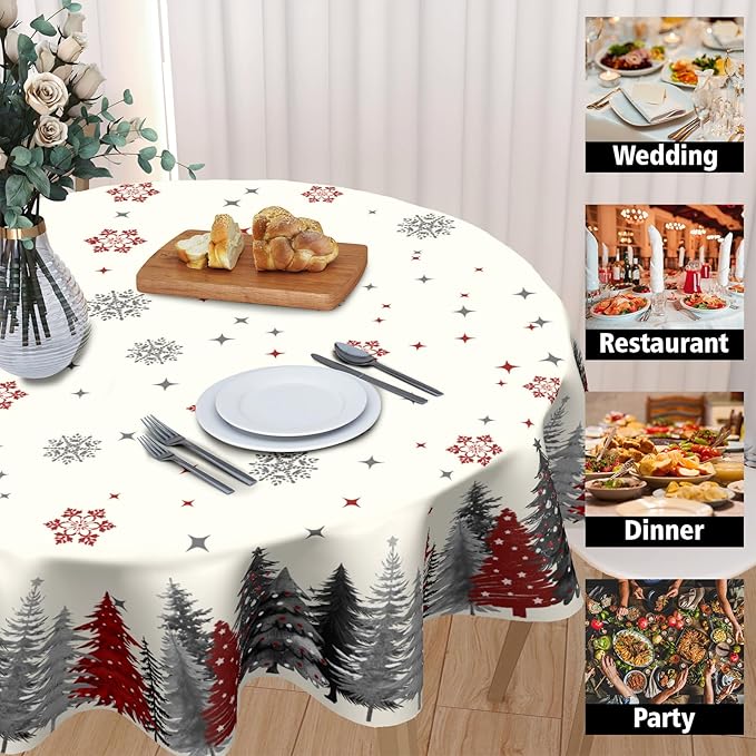 Christmas Snowflake Round Tablecloth Cream Tablecloth 70 Inch Gary and Red Tree Pattern Circle Table Cloth Winter Holiday Table Cover for Home Kitchen Dinning Party Xmas Decor