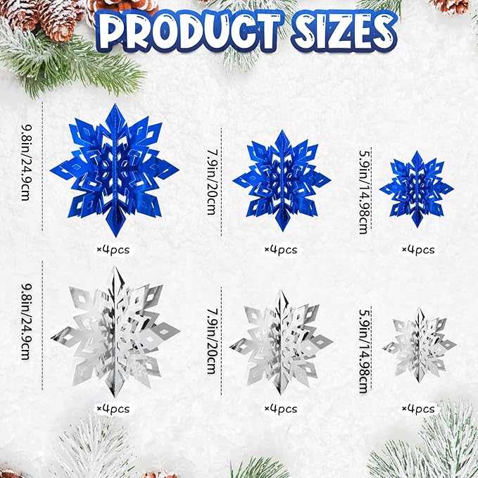 OuMuaMua Winter Christmas Snowflake Decorations Indoor, 24PCS 3D Silver Blue Snowflakes Christmas Hanging Ornaments for Home Xmas Xmas Holiday Winter Wonderland New Year Party Decor Supplies