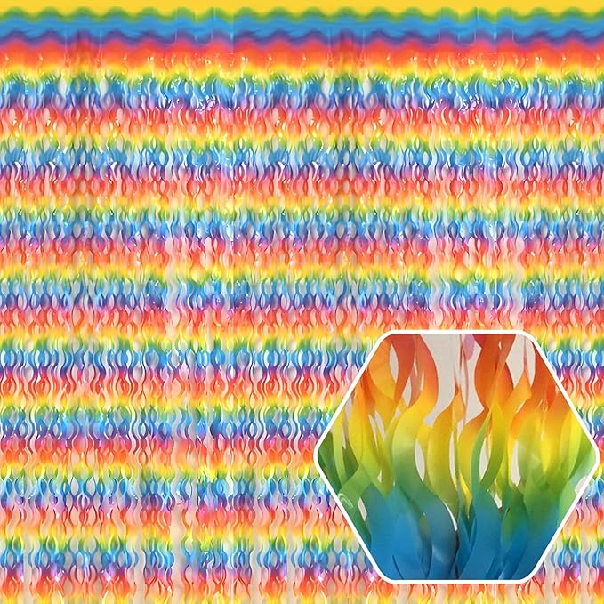 4 Pack Dark Rainbow Wave Foil Fringe Curtain Backdrop, 3.28Ft x 8.2Ft Metallic Tinsel Foil Fringe Streamer Curtains for Photo Booth, Mother's Day, Easter, Birthday, Wedding Party Decoration