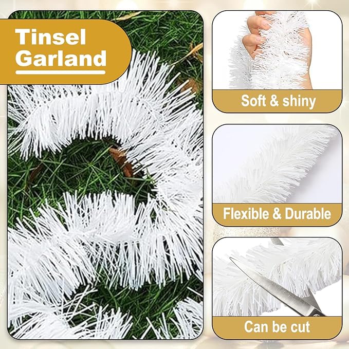 25 Feet Christmas Tinsel Garland, Metallic Twist Garland Wall Hanging Tinsel Garland Backdrop for Parade Floats, Carnival, Birthday, Wedding, New Year Party Decorations (Macaron White, 4in x 25ft)