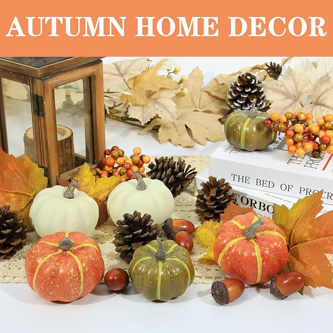 20 Pcs Realistic Fall Mini Pumpkin Decorations, Pumpkin Decor with Maple Leaves, Pine Cones, Acorns,Thanksgiving Decorations Indoor for Home Farmhouse Harvest Thanksgiving Table Decor